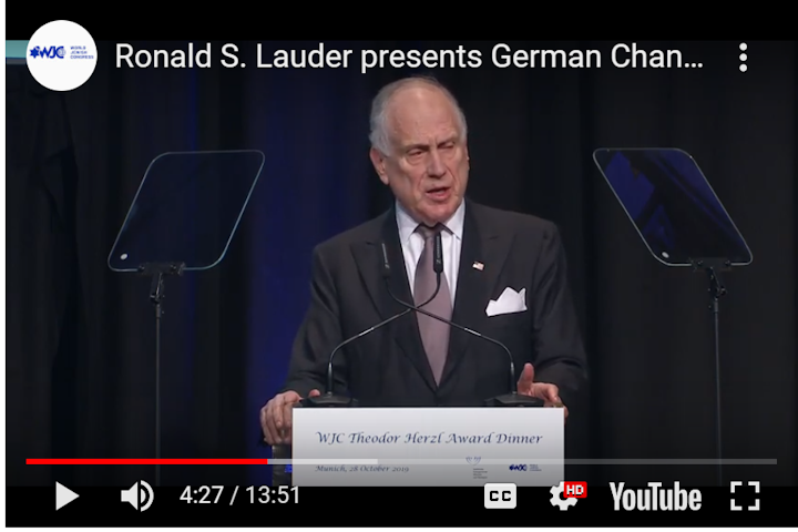 WATCH: WJC President Lauder presents German Chancellor Merkel with WJC Theodor Herzl Award