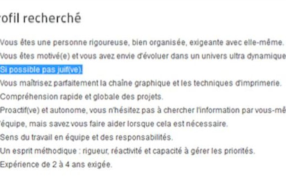 'If possible, not Jewish': Outrage at job advert posted on French recruitment website
