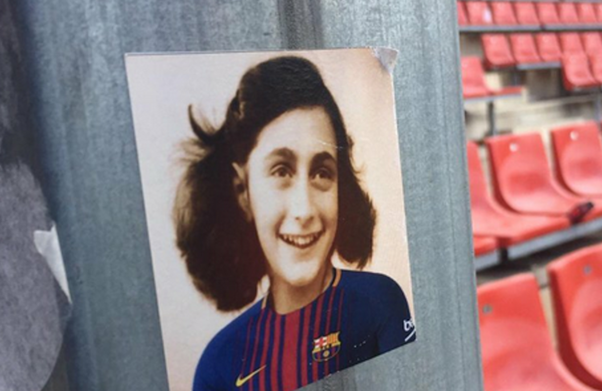 Stickers bearing image of Anne Frank wearing Barcelona football shirt distributed by fans of rival Espanyol team
